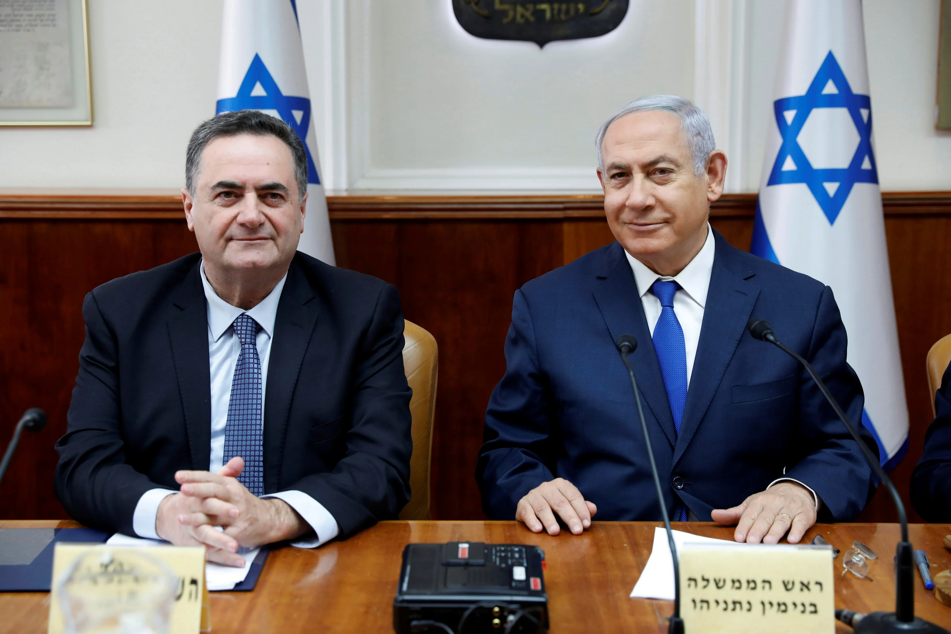 Israeli Prime Minister Benjamin Netanyahu Sits Next To Acting Foreign Minister Israel Katz, Who Also Serves As Intelligence And Transport Minister, During The Weekly Cabinet Meeting In Jerusalem