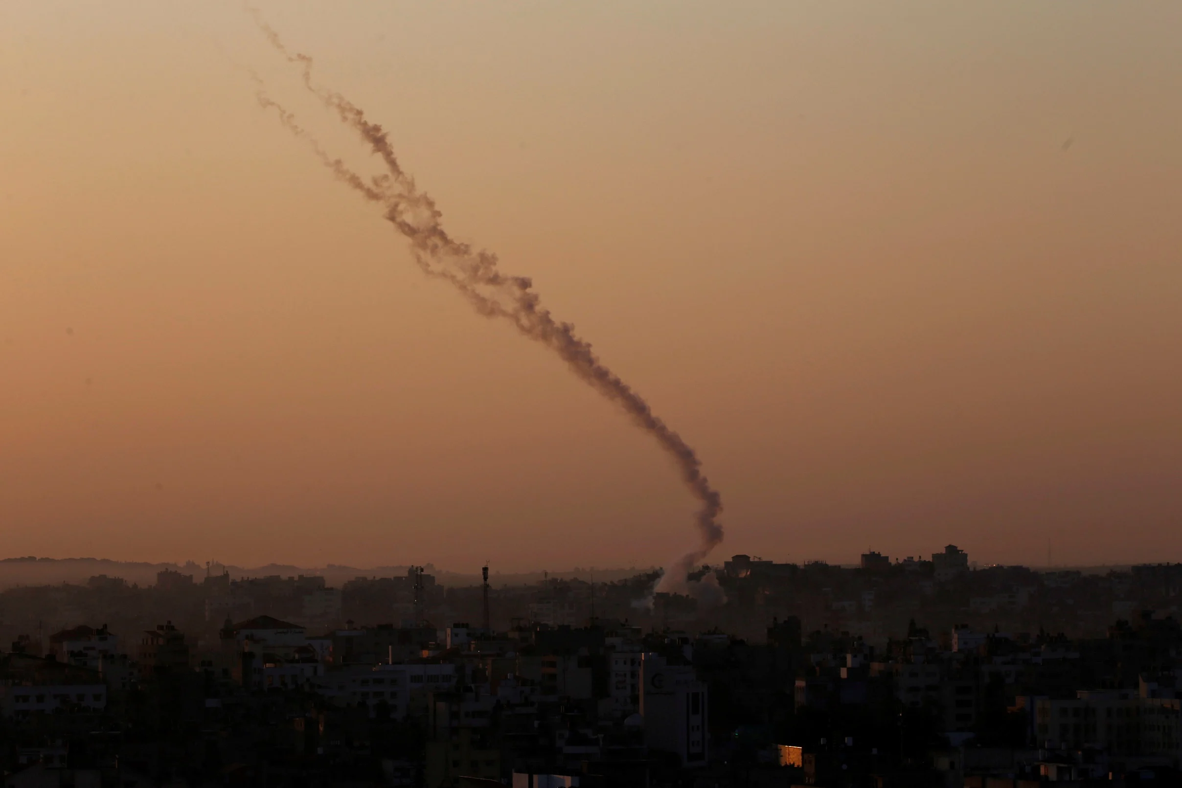 Trails Of Smoke Can Be Seen As Rockets Are Fired From Gaza Towards Israel, In Gaza