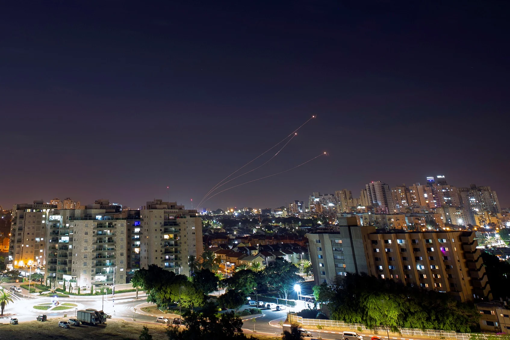 Iron Dome Anti Missile System Fires Interception Missiles As Rockets Are Launched From Gaza Towards Israel, As Seen From The City Of Ashkelon