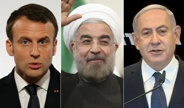 נשיא צרפת עמנואל מקרון, נשיא איראן חסן רוחאני וראש ממשלת ישראל בנימין נתניהו