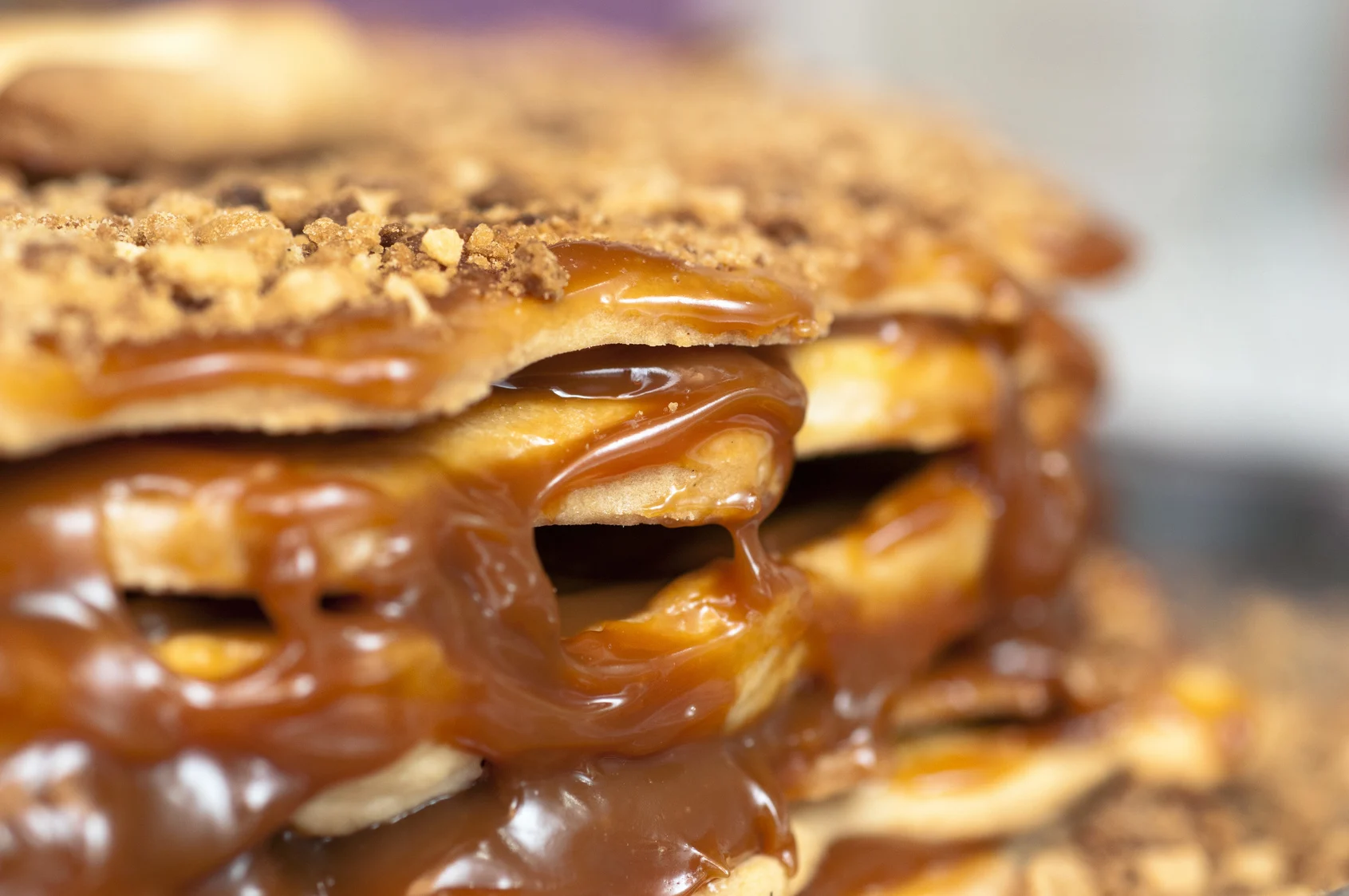 Cake With Caramel And Nuts, Close Up