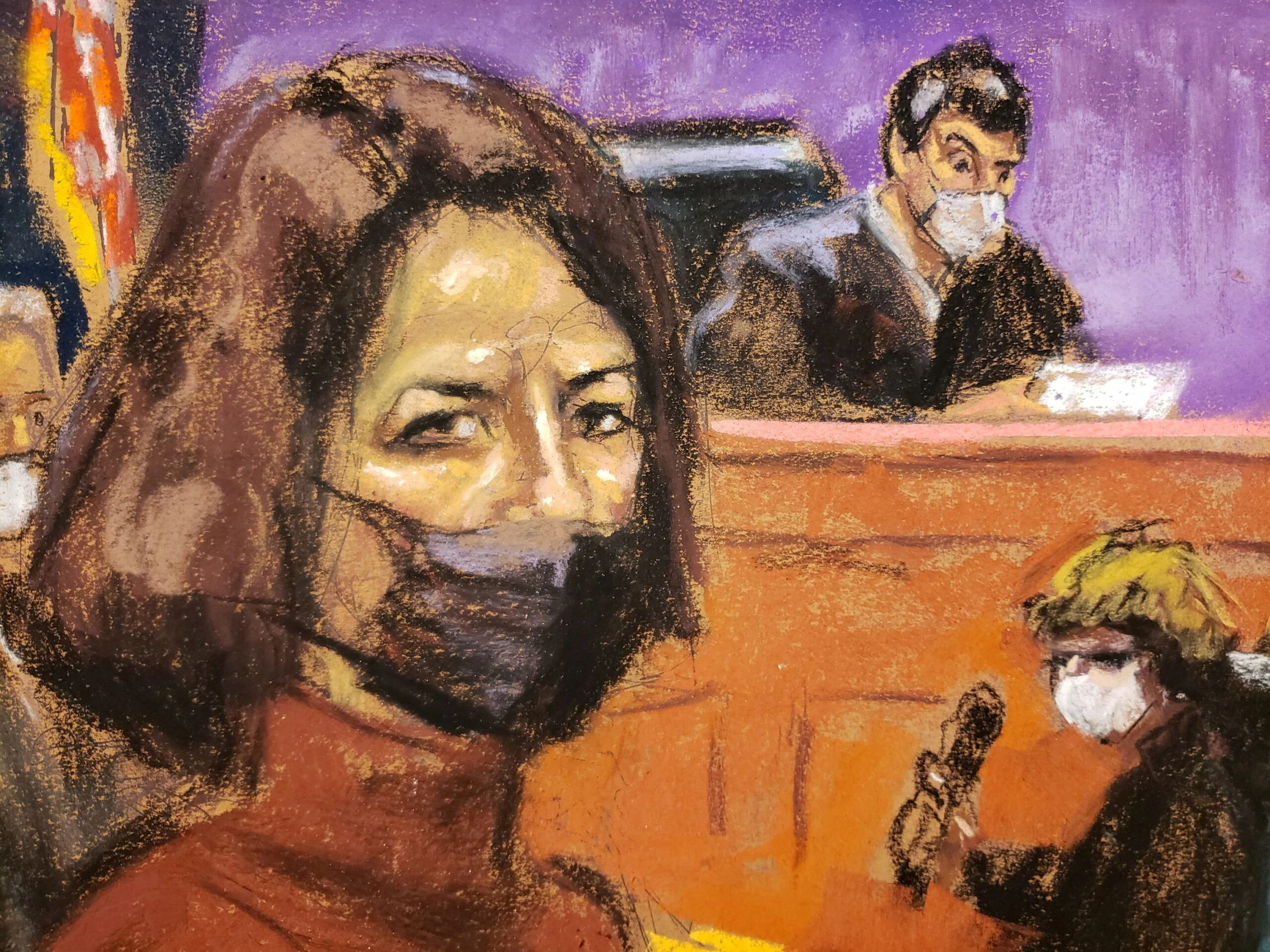 איור של גיילין מקסוול במהלך המשפט בניו יורק