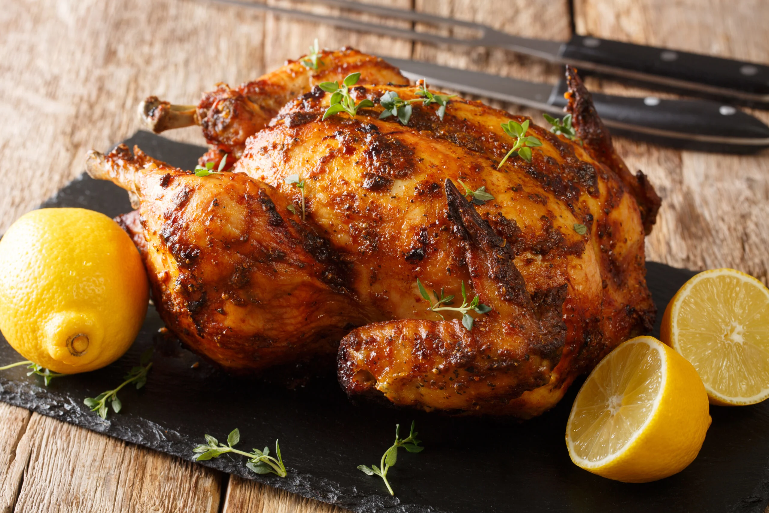 Tasty,aromatic,rotisserie,chicken,with,thyme,,lemon,and,spices,close Up