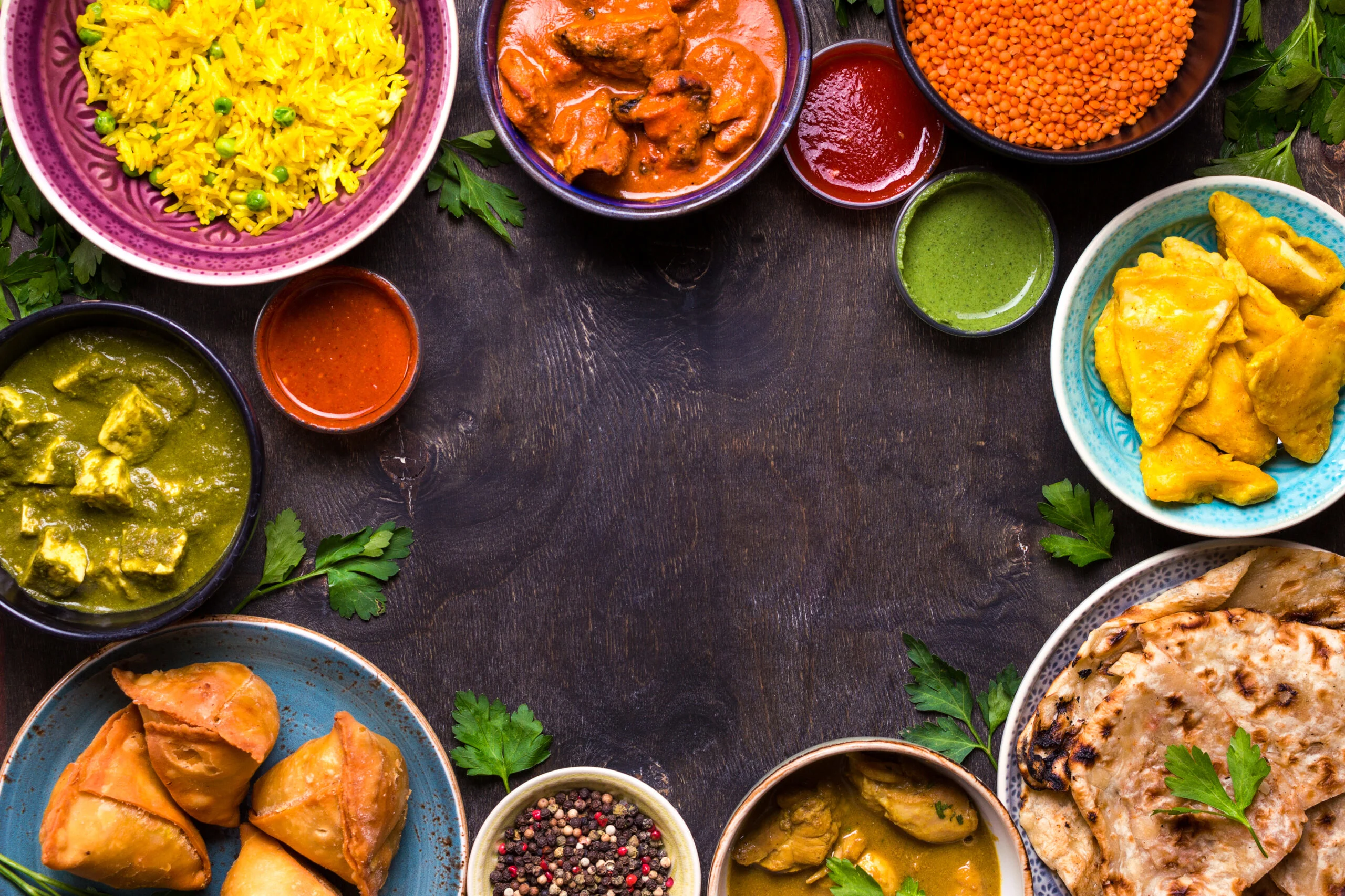 Assorted,indian,food,on,dark,wooden,background.,dishes,of,indian