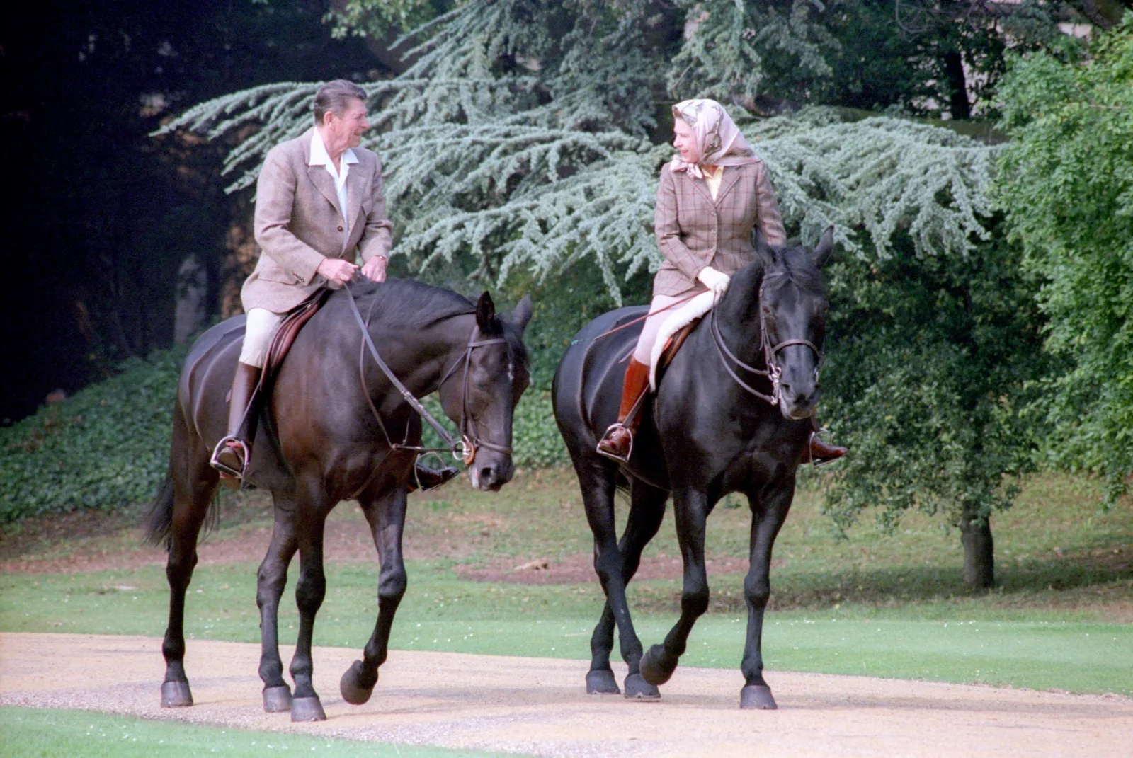 המלכה אליזבת' והנסיך פיליפ רוכבים על סוסים בטירת ווינדזור