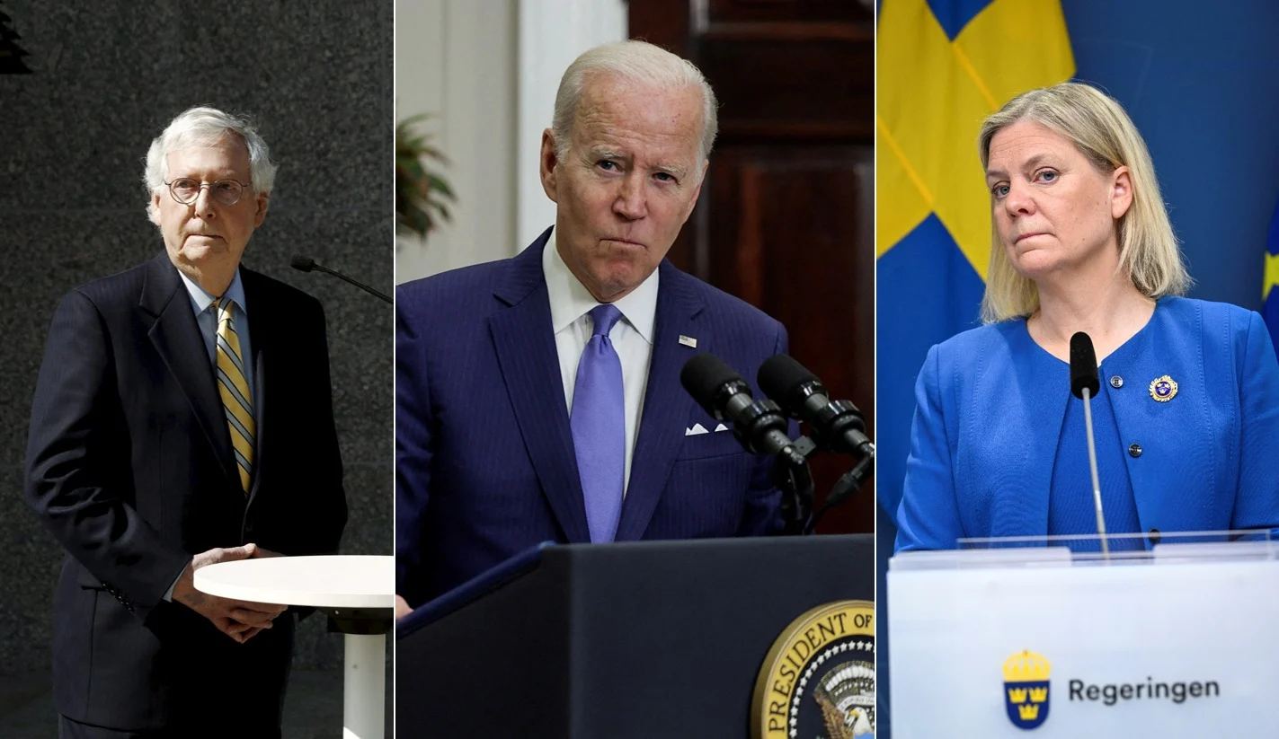 מימין לשמאל: ראש ממשלת שבדיה אנדשון, נשיא ארה''ב ביידן ונשיא פינלנד נינסטה