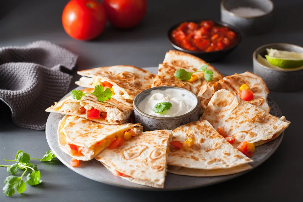 Mexican,quesadilla,with,chicken,,tomato,,sweet,corn,and,cheese