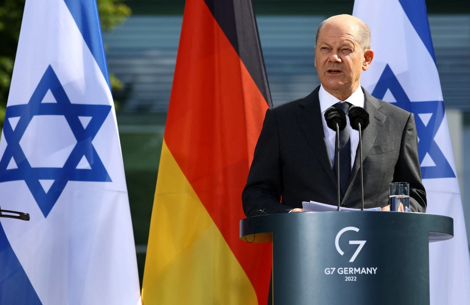 קנצלר גרמניה אולף שולץ במסיבת העיתונאים בברלין המשותפת עם ראש הממשלה יאיר לפיד