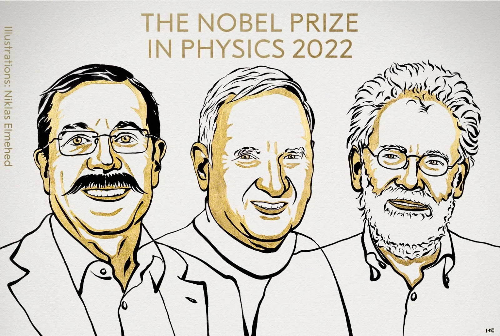 זוכי פרס נובל אלן אספה הצרפתי (משמאל), ג'ון קלאוזר האמריקני (במרכז) ואנטון ציילינגר האוסטרי (מימין)