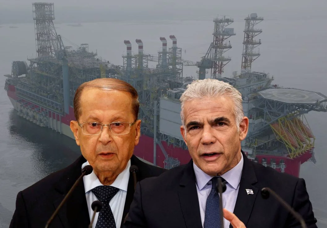 רה''מ לפיד ונשיא לבנון מישל עון על רקע אסדת הגז כריש