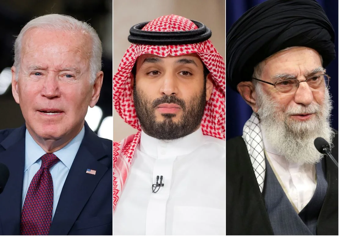 מימין: המנהיג העליון של איראן עלי חמינאי, יורש העצר הסעודי מוחמד בן סלמאן ונשיא ארה''ב ג'ו ביידן