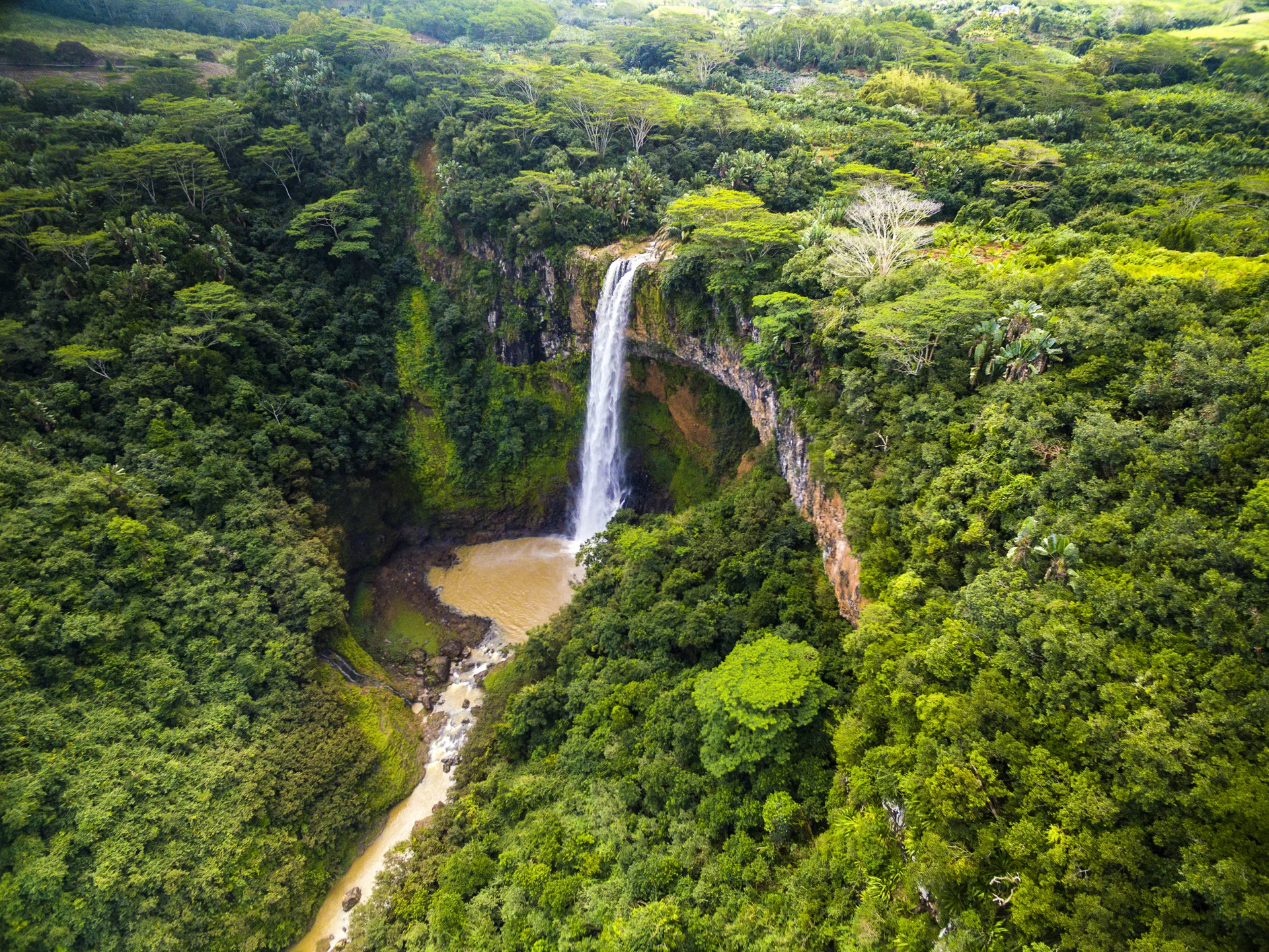 Aerial,top,view,perspective,of,chamarel,waterfall,in,the,tropical